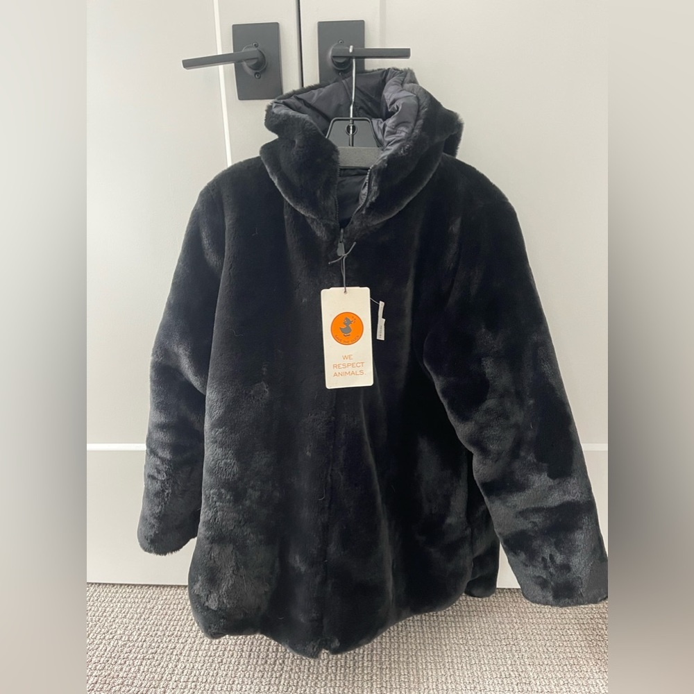 NWT SAVE THE DUCK reversible faux fur hooded Bridget Coat Jacket Black Medium M